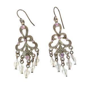 Vintage Oval Cut Pink Rhinestones Dangle Chandelier Earrings Silver Tone Hook